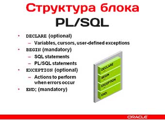 Какова структура блока программы PL SQL в базе данных Oracle