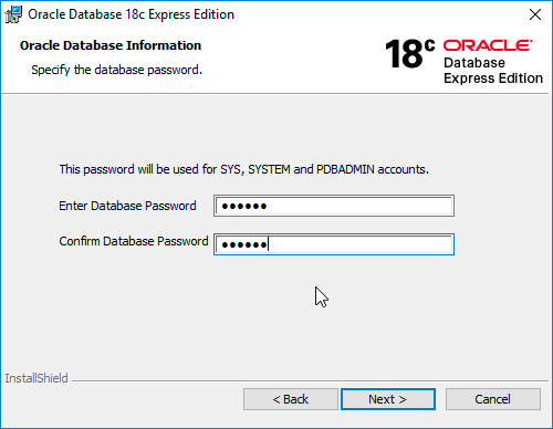 Пароль базы данных Oracle 18c XE