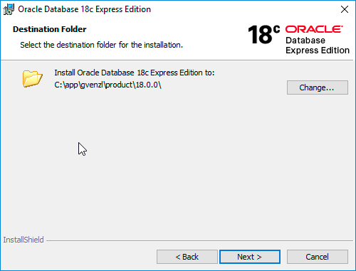 Параметр папки назначения Oracle Database 18c XE