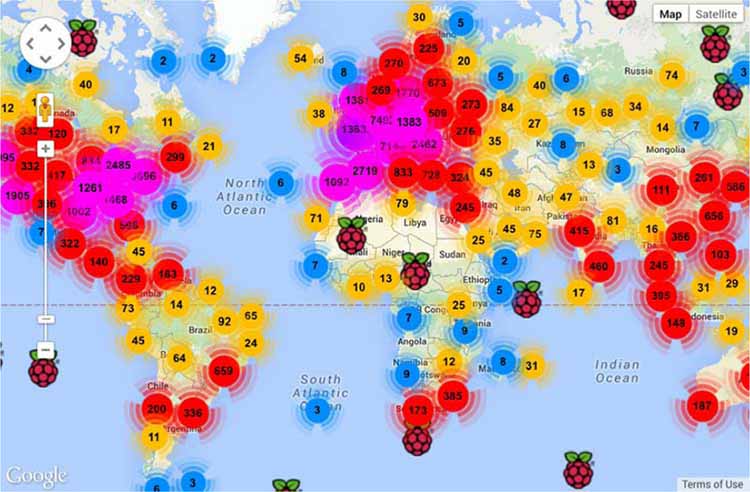 Distribution of Raspberry Pis across the world