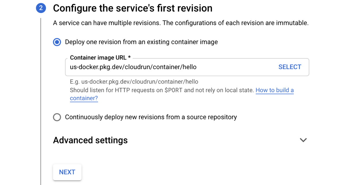 Figure 7.6 – Configure the service's first revision  