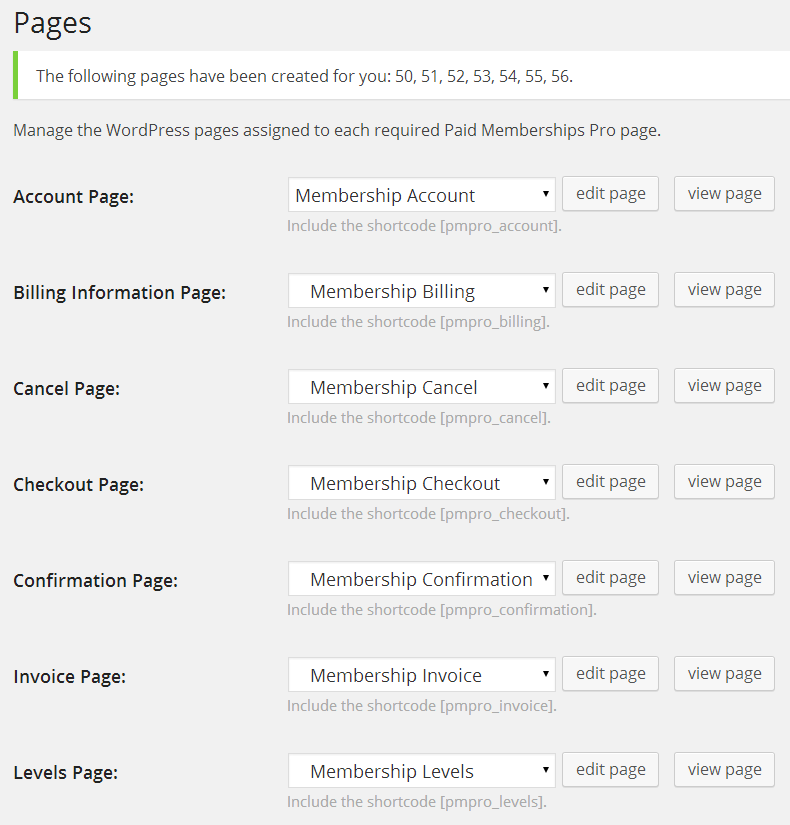 Default pages generated by Paid Memberships Pro