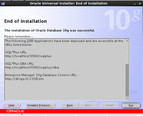 Завершение работы инсталлера Oracle